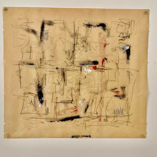 intuitive abstract painting with marks in black & red on a brown baking paper (parchment paper) by Melinda Yeoh Art
