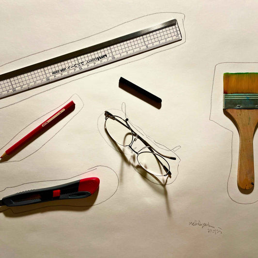 image: abstract art of physical objects within pencil outlines