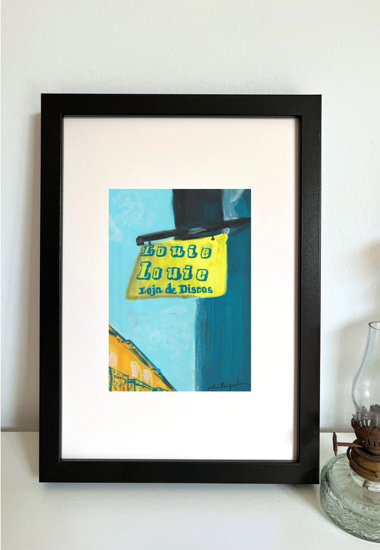 Framed painting of yellow store signage with blue text 'Louie Louie Loja de Discos' in Porto