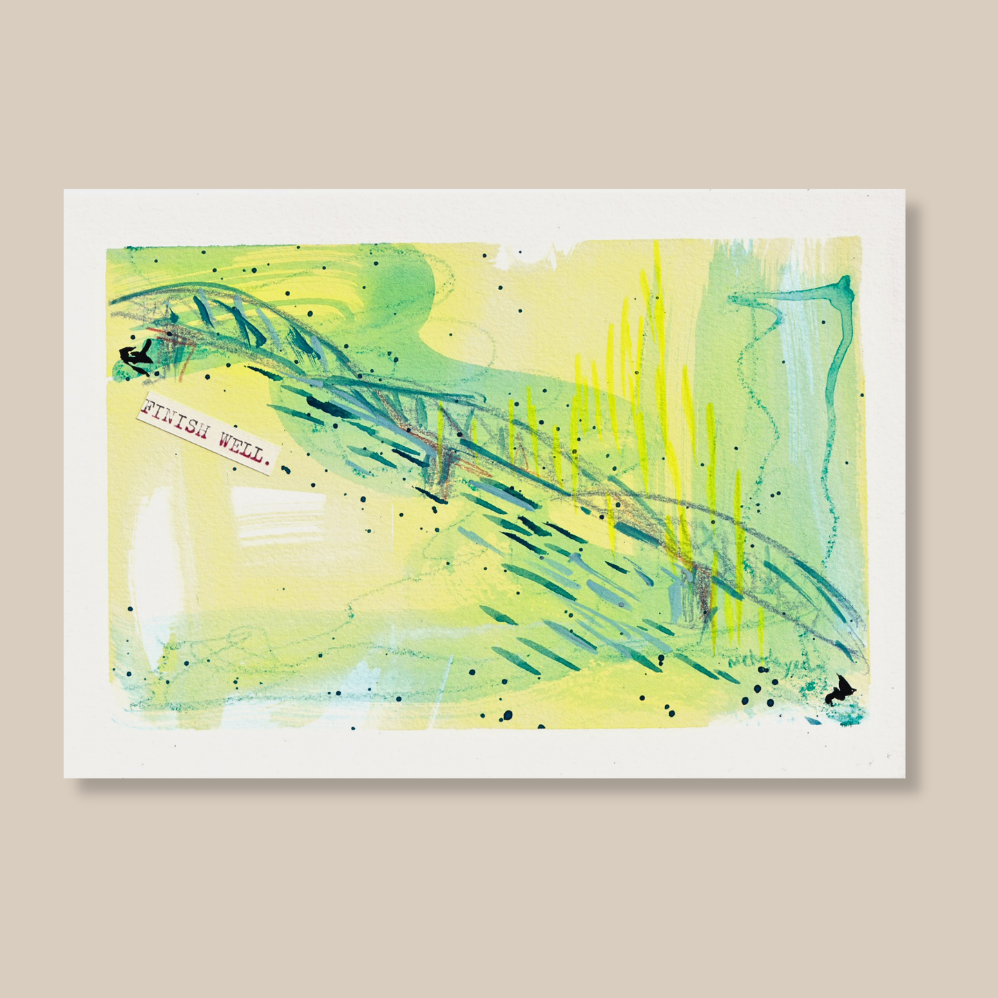 Abstract art mixed media painting with green and blue colors, impressions of Porto's bridges and a typewritten encouraging phrase Finish Well on a beige background