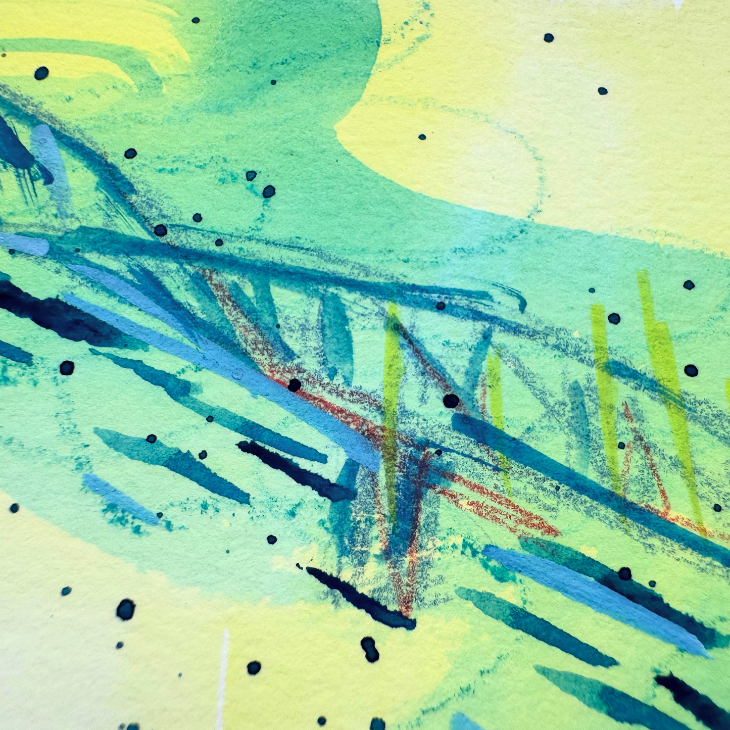 Close up of abstract art mixed media painting with green and blue colors, impressions of Porto's bridges.