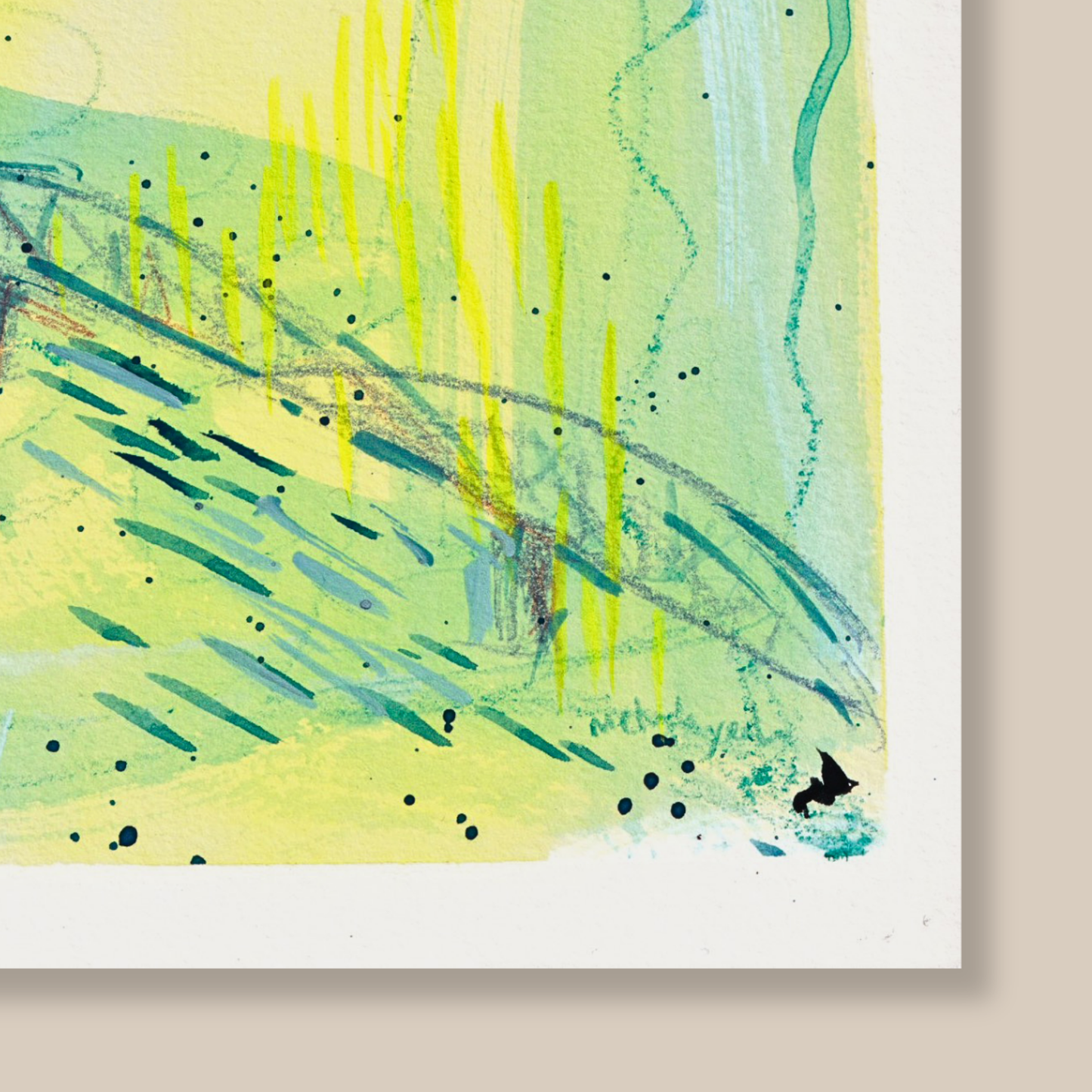 Close up of abstract art mixed media painting with green and blue colors on a beige background.