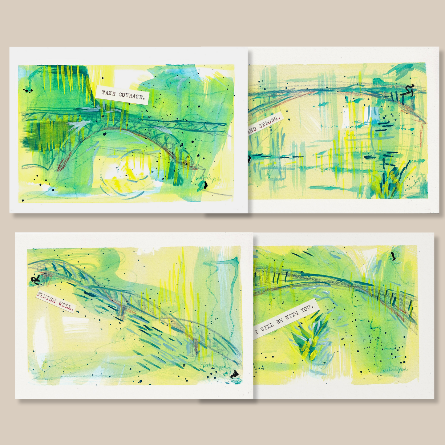 Four abstract paintings with green and yellow colors on a beige background
