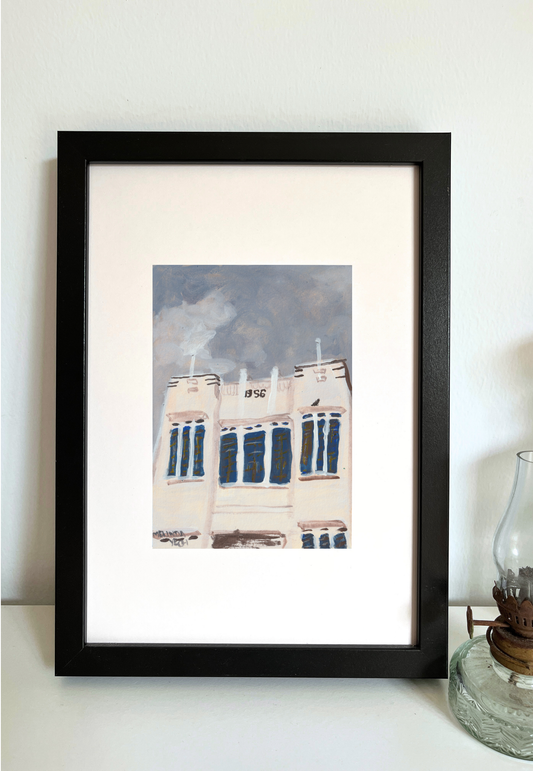 Framed painting of Eng Guan Chan office building in Penang with 1956 on the facade