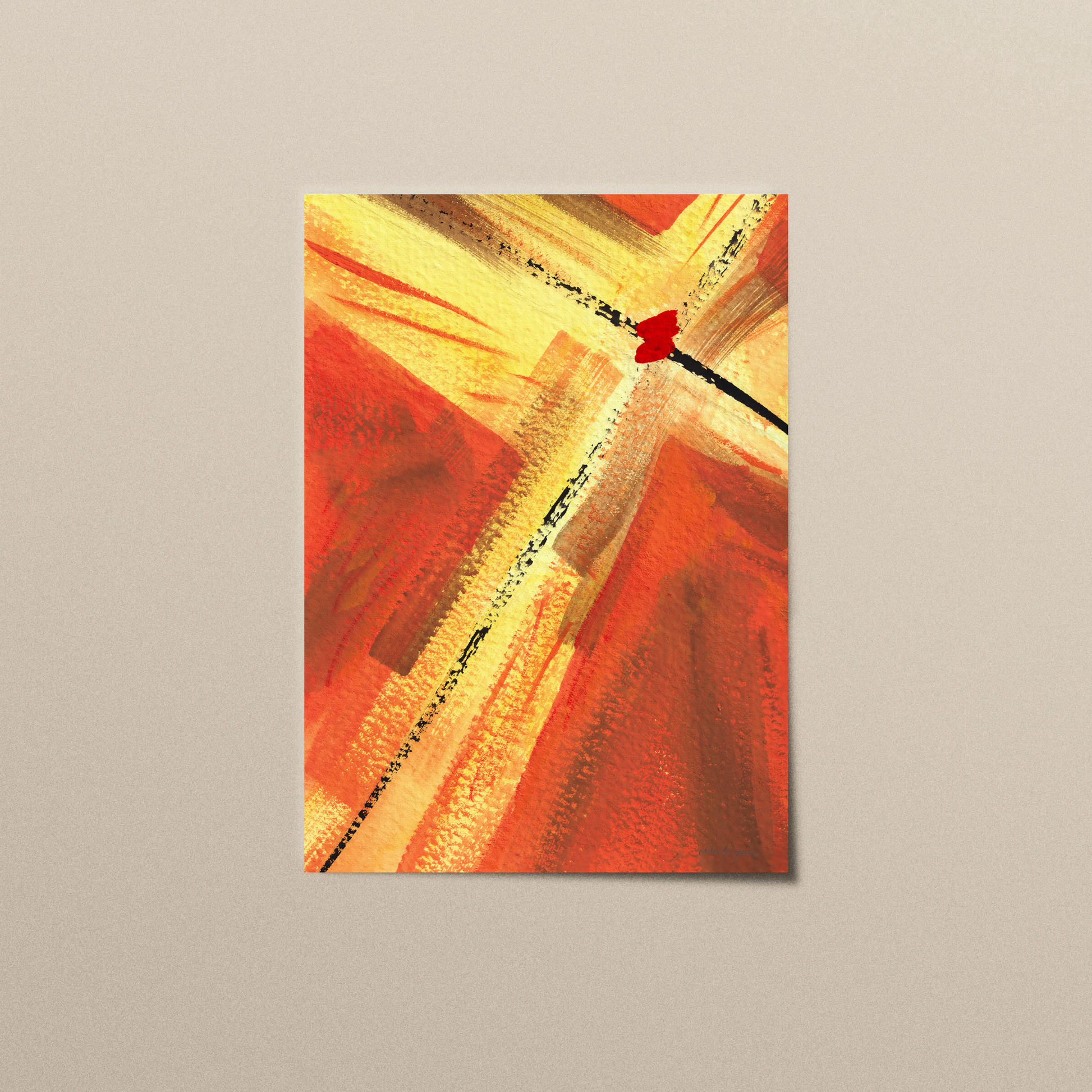 Reddish orange and golden yellow abstract painting art print with expressive brushstrokes with a dot of red paint, spiritual modern art print.