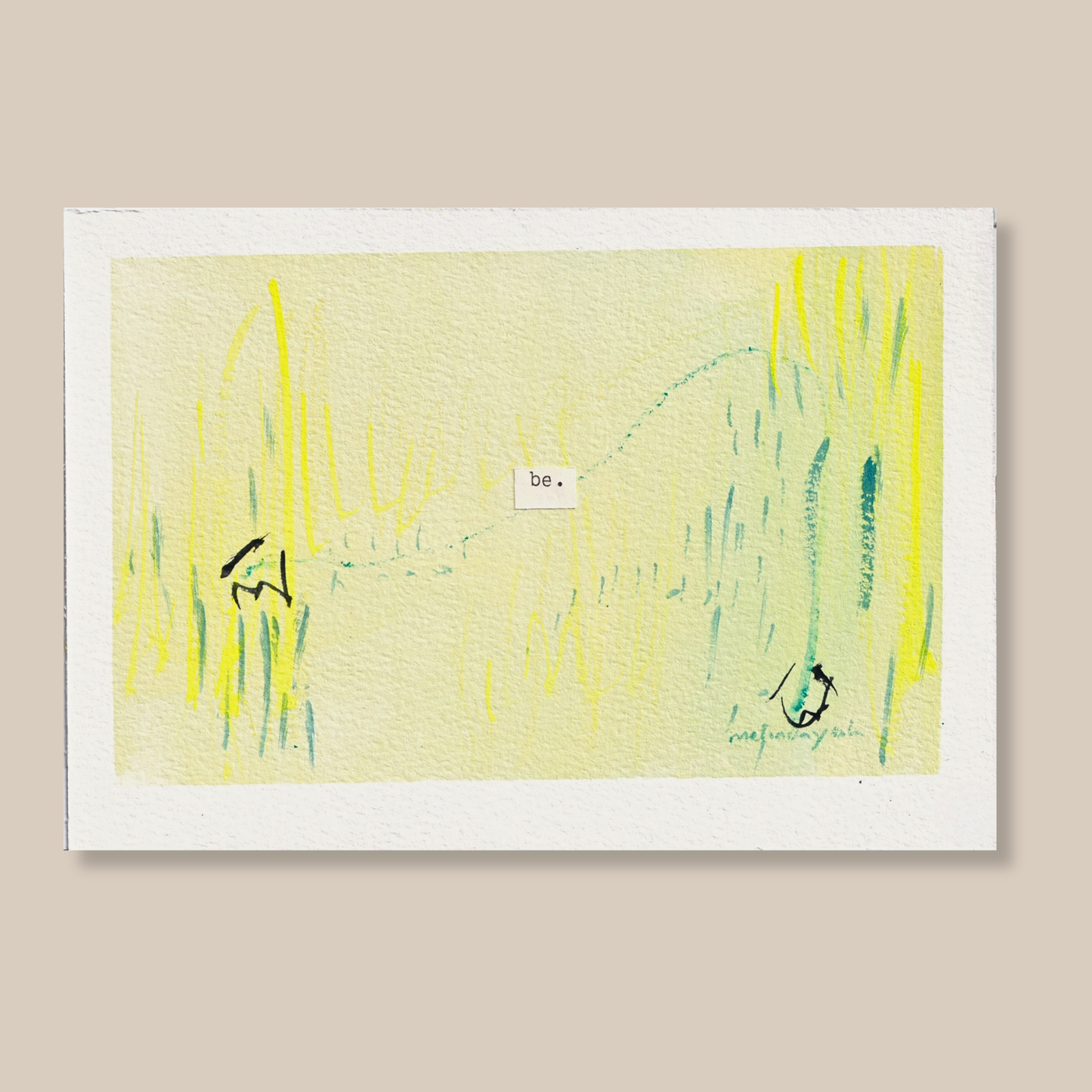 Abstract mixed media painting with typewritten text 'be' on a beige background