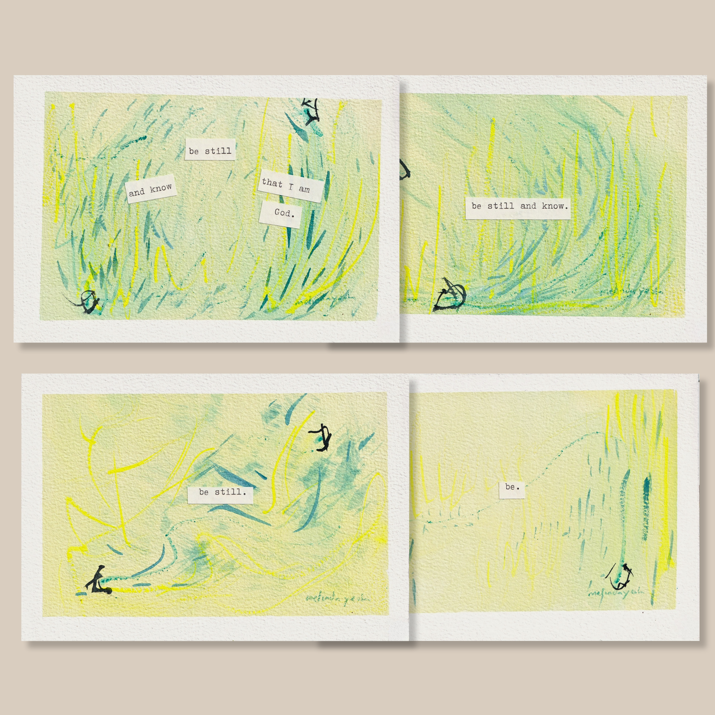 Mini series of four abstract mixed media painting with typewritten text 'be still and know that I am God' on a textured watercolour paper