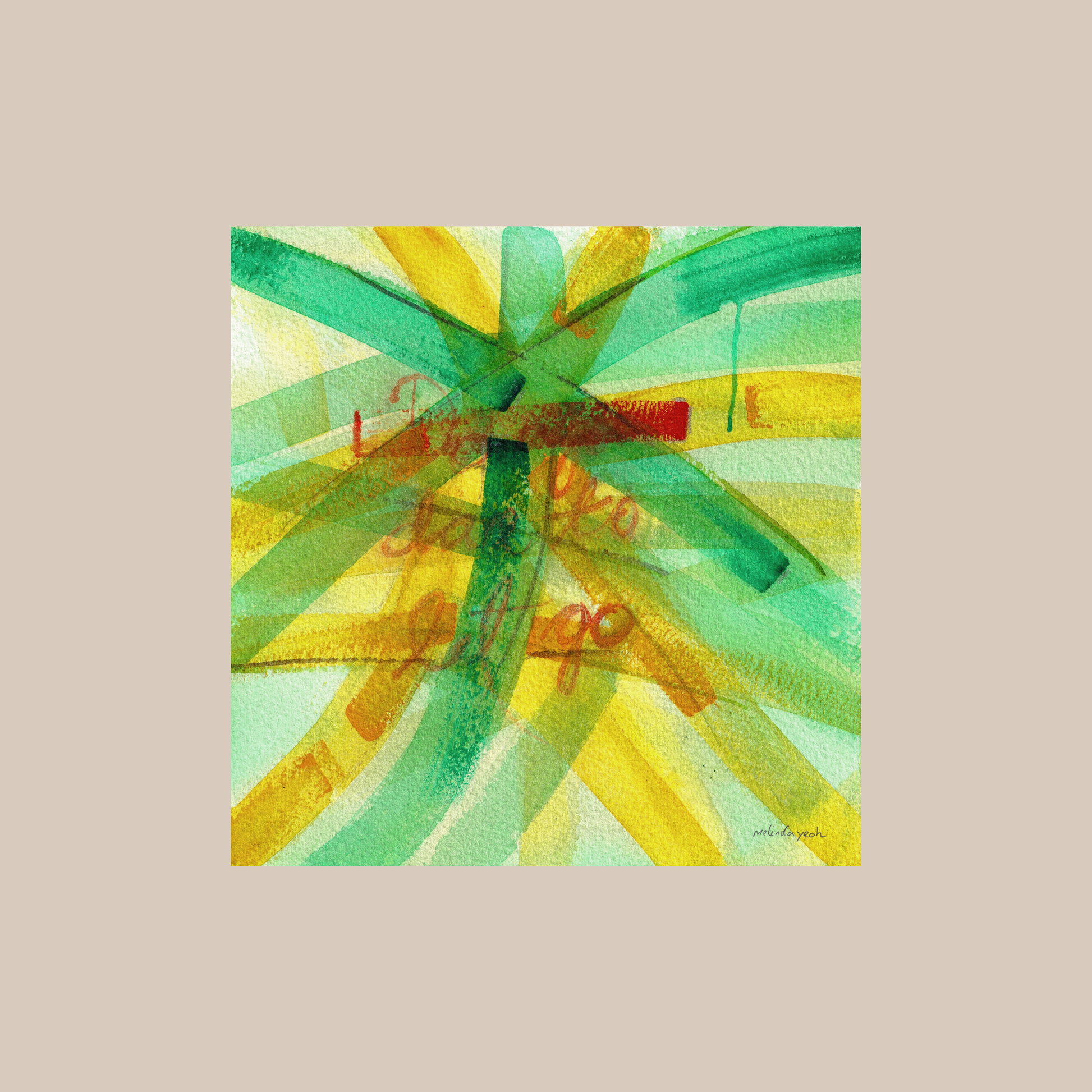 Square colourful abstract painting art print with expressive brushstrokes with handwritten words dare to let go.