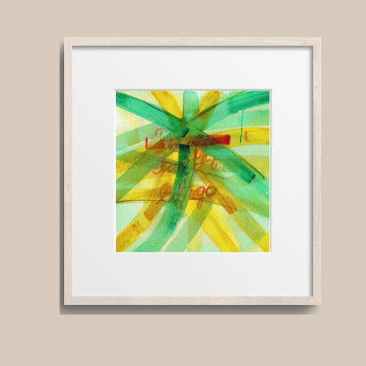 Framed square colourful abstract painting art print with expressive brushstrokes with handwritten words dare to let go.