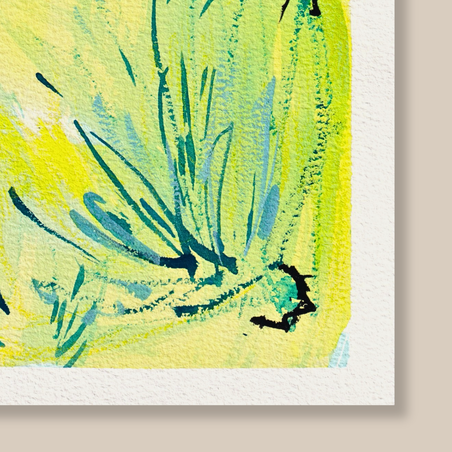 Close up of abstract mixed media painting cold-pressed watercolour paper on a beige background