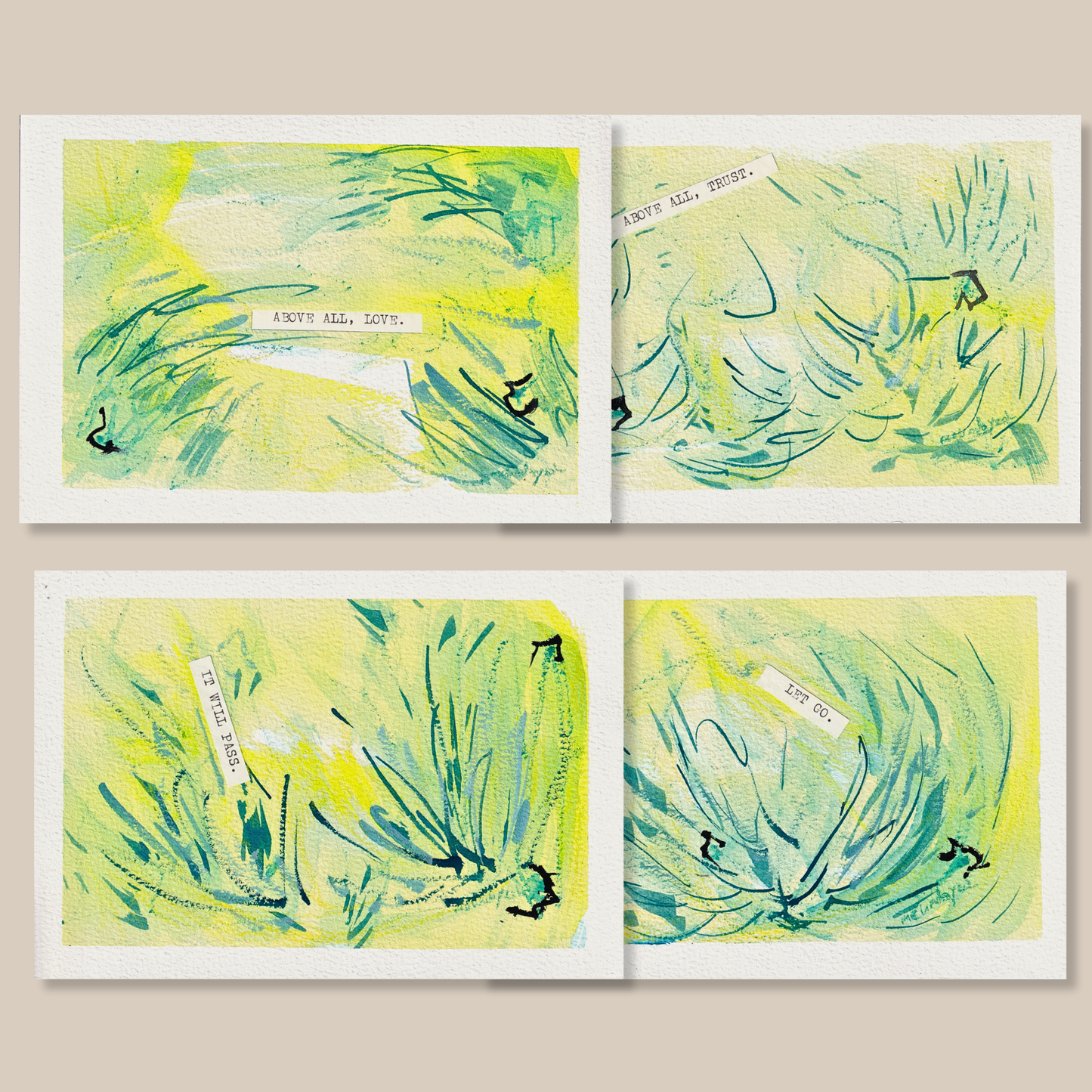 Full mini series of four abstract mixed media painting with typewritten text on a beige background