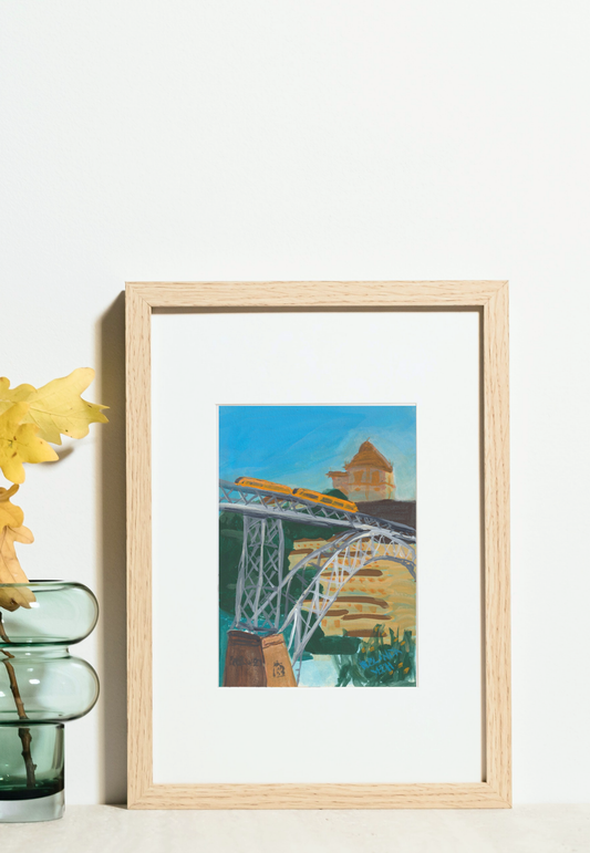 Framed painting of Metro train on Dom Luís I Bridge (Ponte de Dom Luís I) over Douro river with the monastery in the background