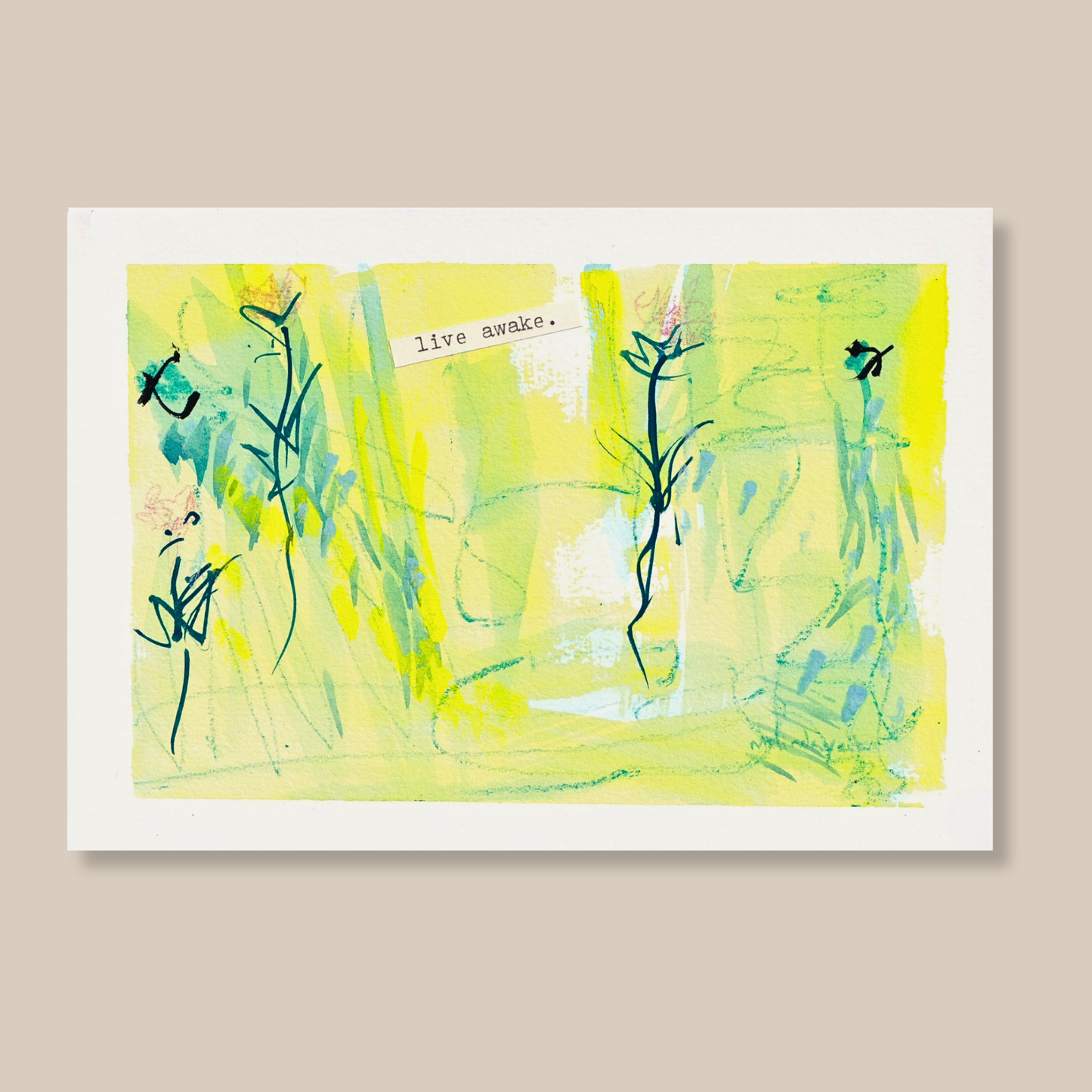 Abstract mixed media painting with typewritten text 'Live Awake on a smooth hot-pressed watercolour paper on a beige background