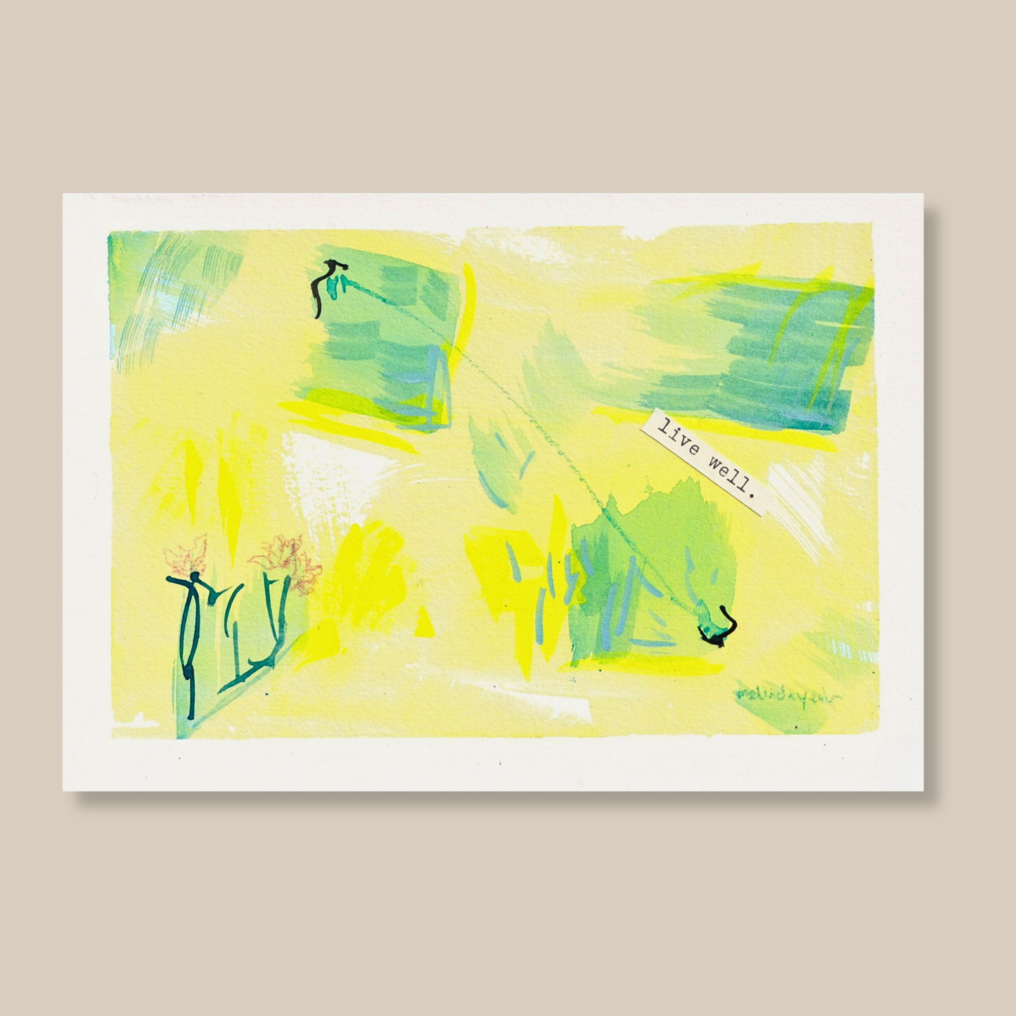 Abstract mixed media painting with typewritten text 'Live Well' on a smooth hot-pressed watercolour paper on a beige background