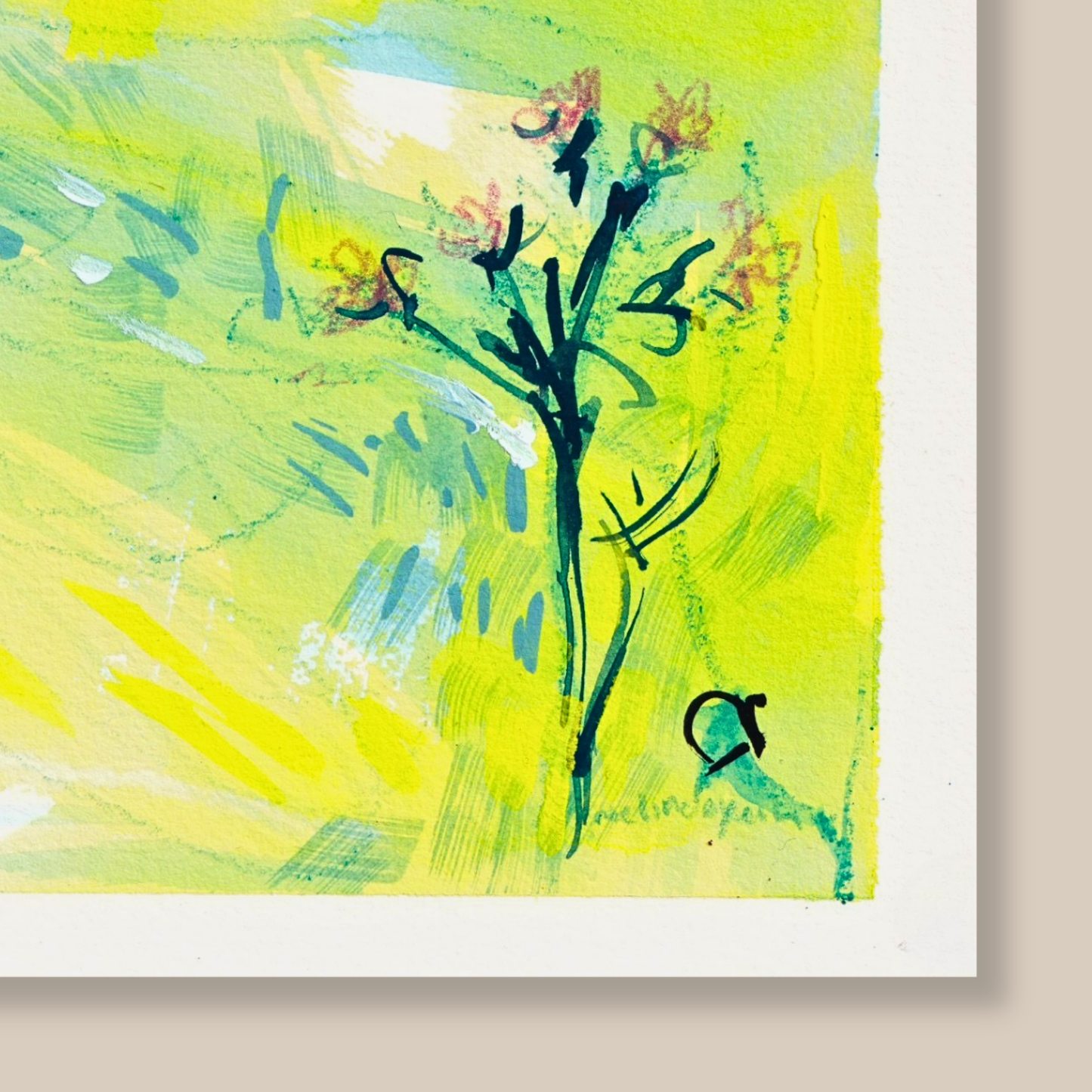 Close up of Cheerful blue, green, yellow, pink abstract mixed media painting with flowers, typewritten text 'Carpe Diem' on a smooth hot-pressed watercolour paper on a beige background