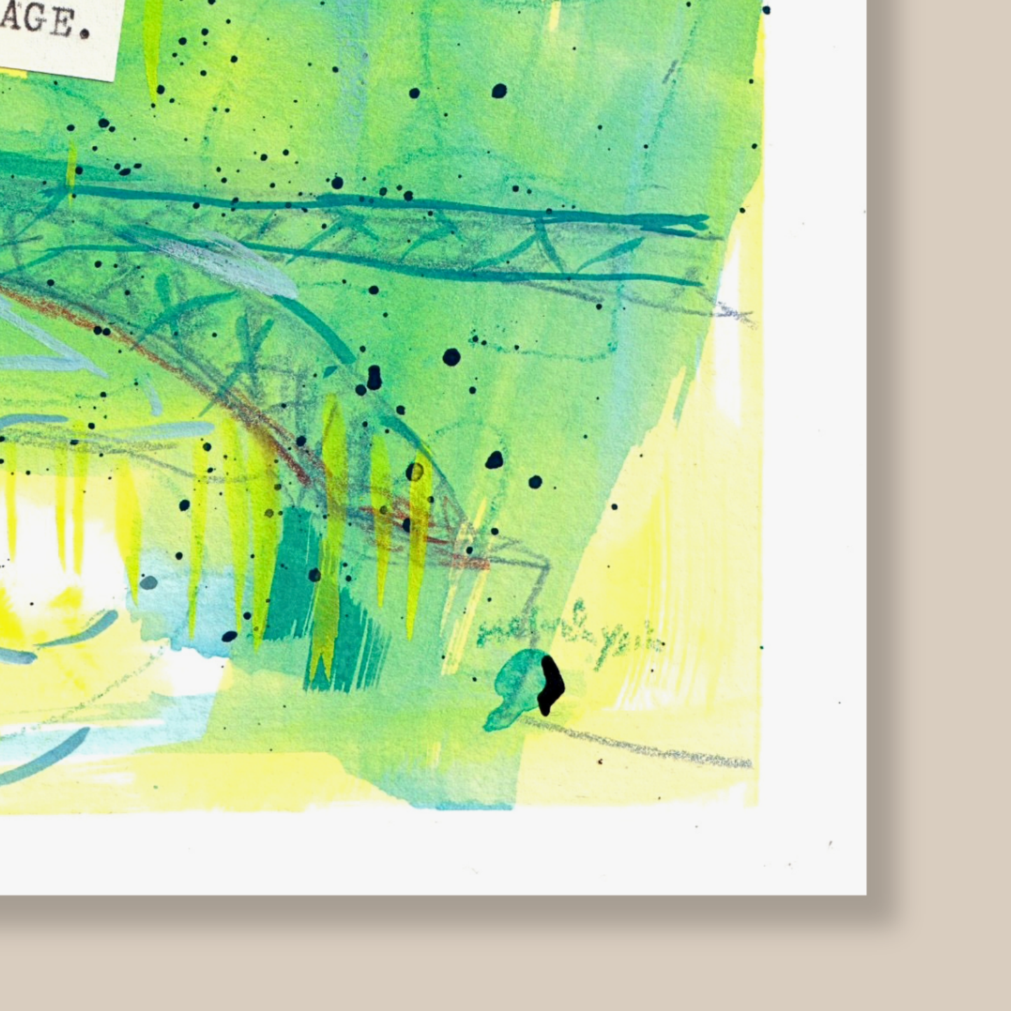 Close up of abstract painting with green, blue, and yellow colors on a white background by Melinda Yeoh artist