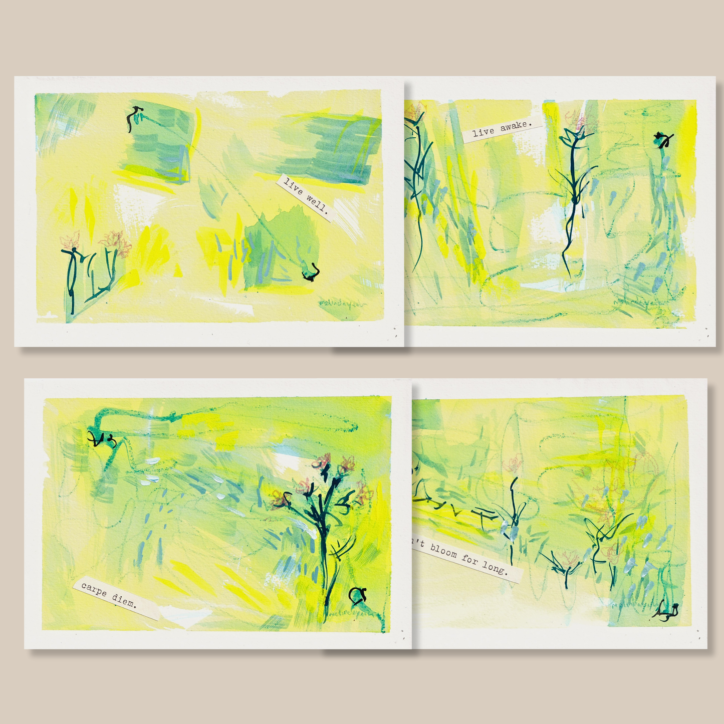 Full mini series of abstract mixed media painting with typewritten text on a smooth hot-pressed watercolour paper on a beige background