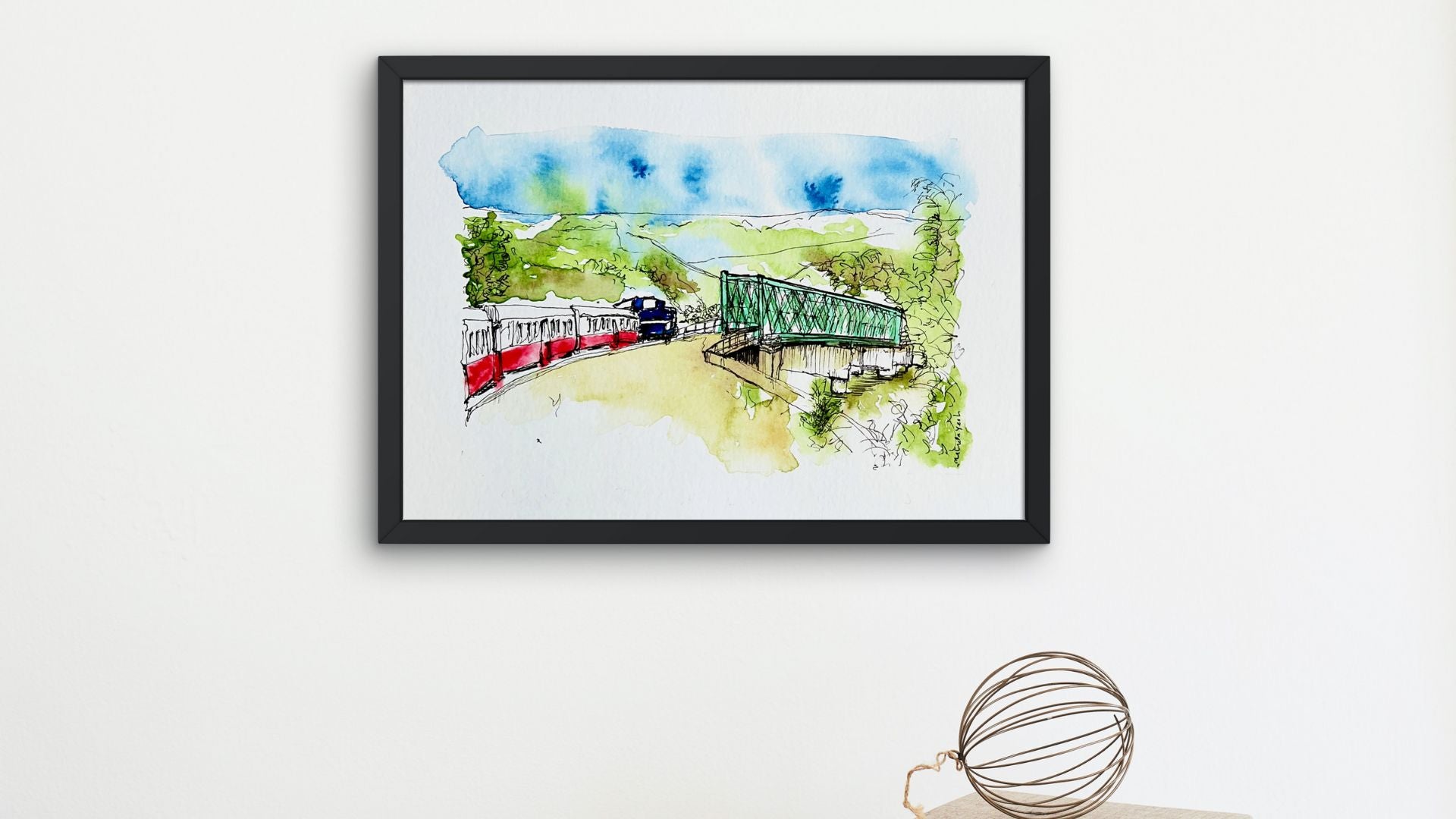 Framed loose watercolour and ink artwork for travel art commission. Artwork of Douro Railway Line, Portugal 
