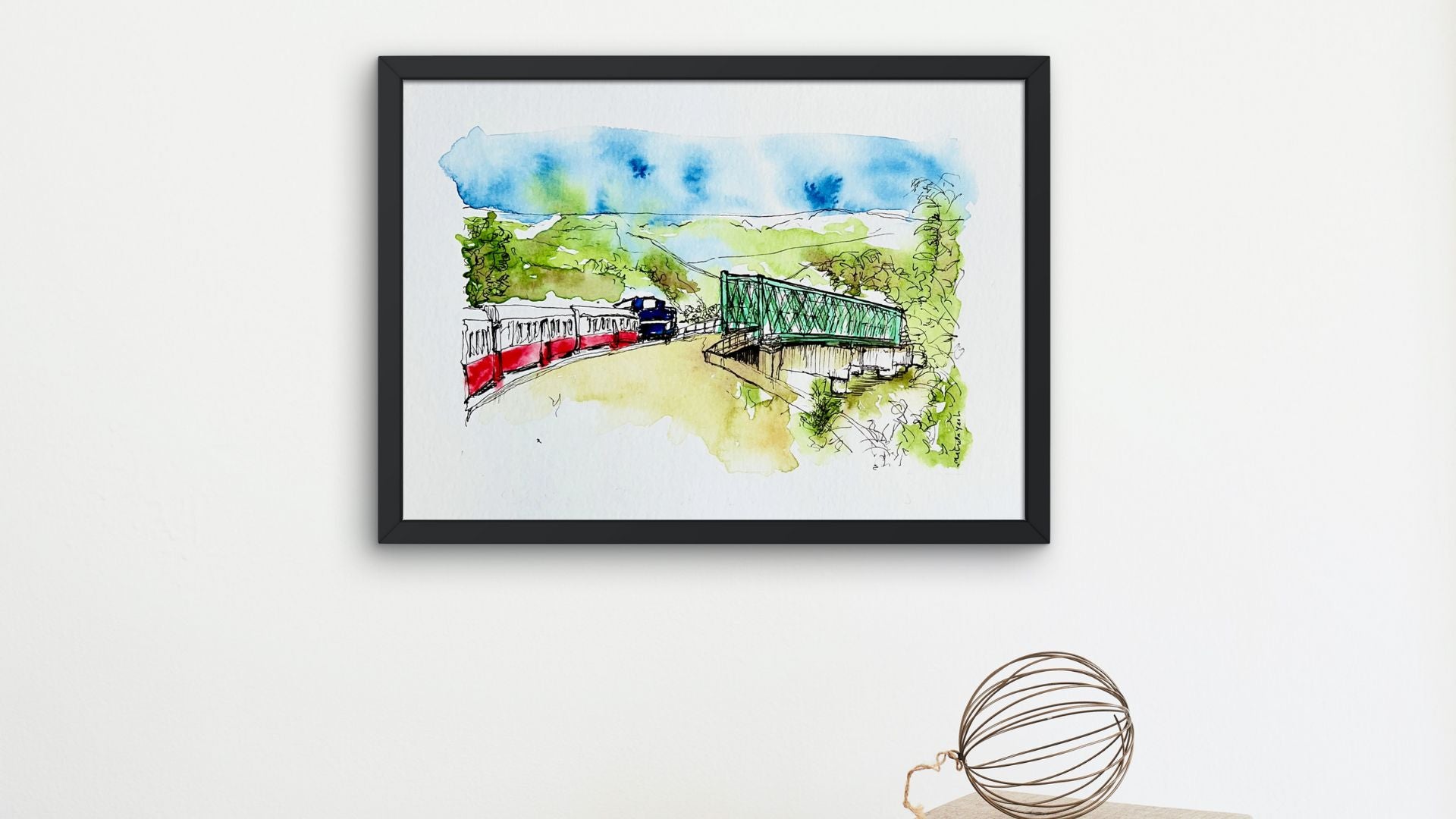 Framed loose watercolour and ink artwork for travel art commission. Artwork of Douro Railway Line, Portugal