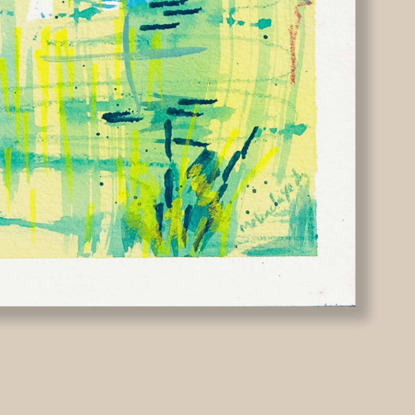 Close up of abstract painting of landscape and 'Stand Strong' typewritten text