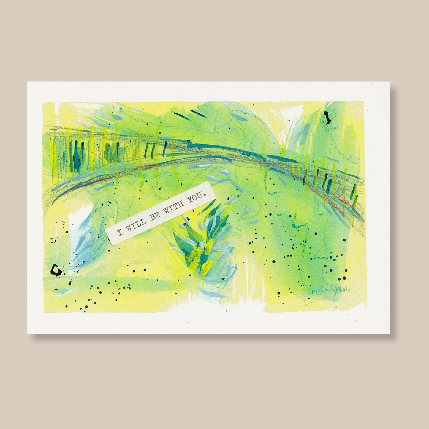 Abstract art mixed media painting with green and blue colors, impressions of Porto's bridges and a typewritten encouraging phrase I Will Be With You on a beige background