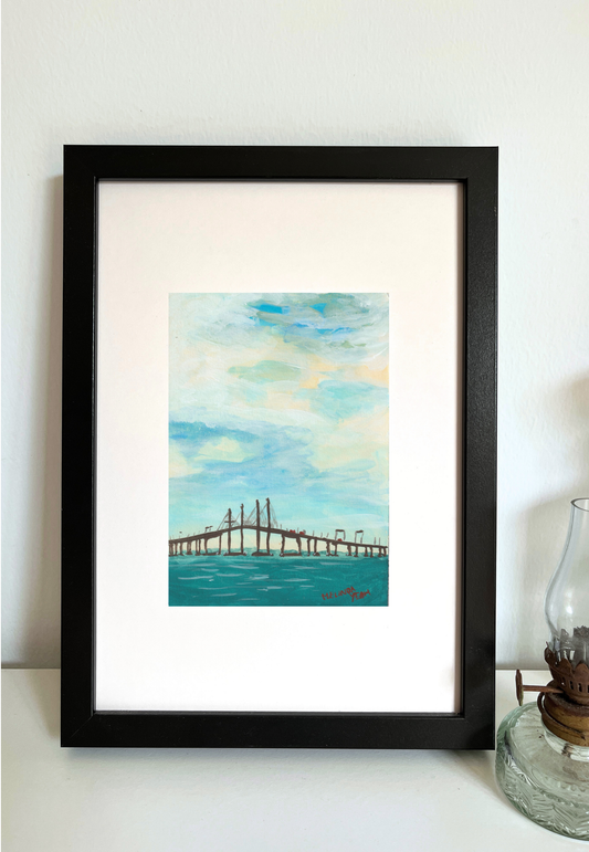 Framed artwork of a bridge 'Penang Second Bridge' over water with a blue sky.