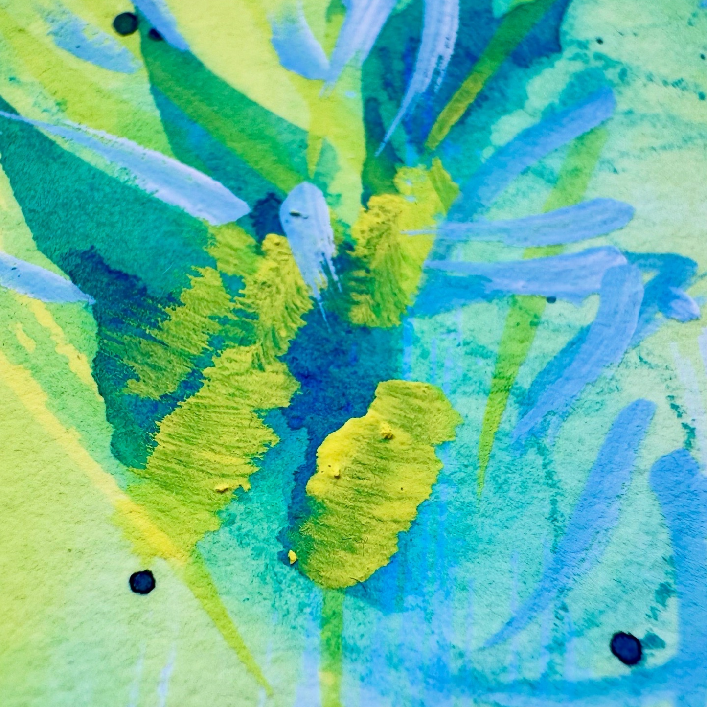 Close up of abstract art mixed media painting with green and blue colors,.