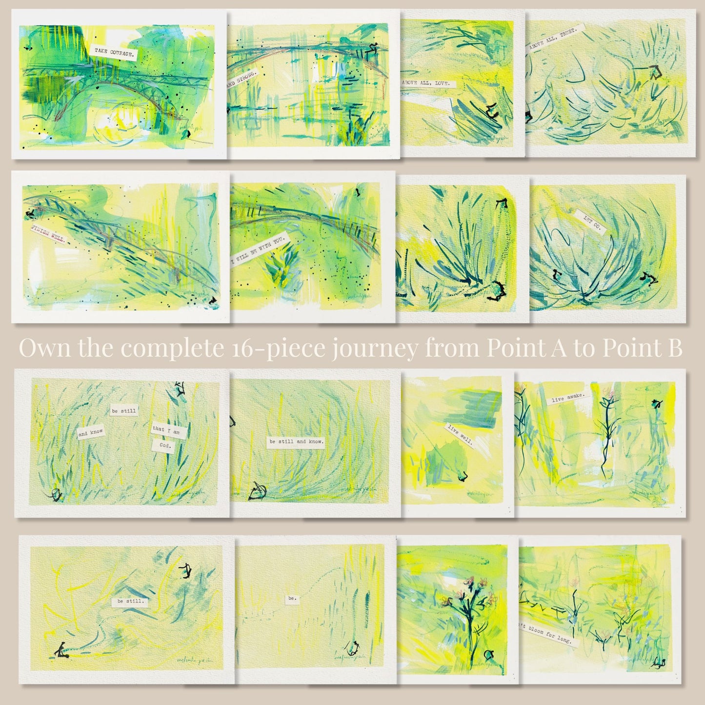 Grid of 16 abstract art pieces in green and yellow on a white background from Point A to B series by Melinda Yeoh artist