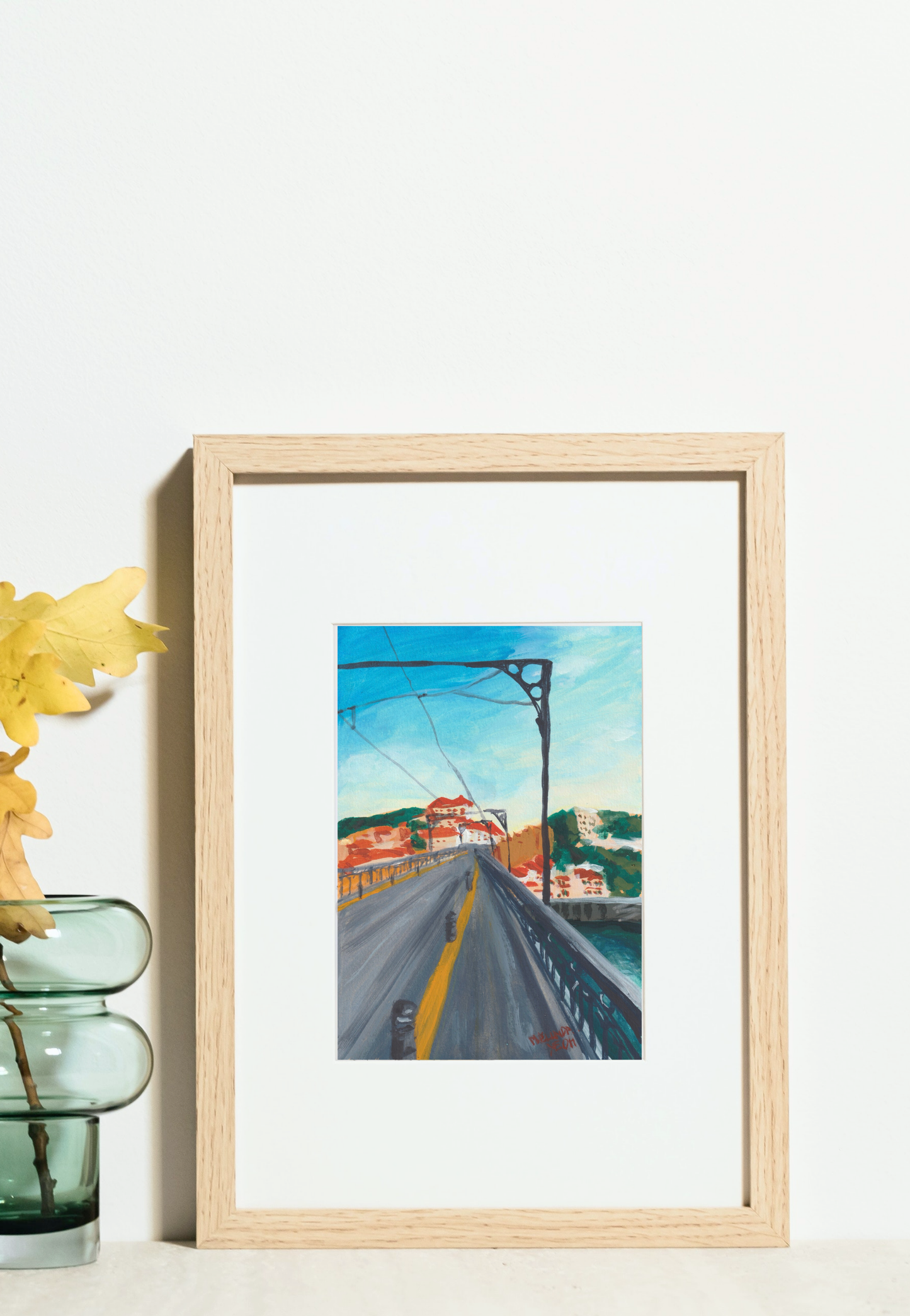 Framed painting of pedestrian and Metro crossing of Dom Luís I Bridge (Ponte de Dom Luís I) with Porto historical buildings cityscape in the background