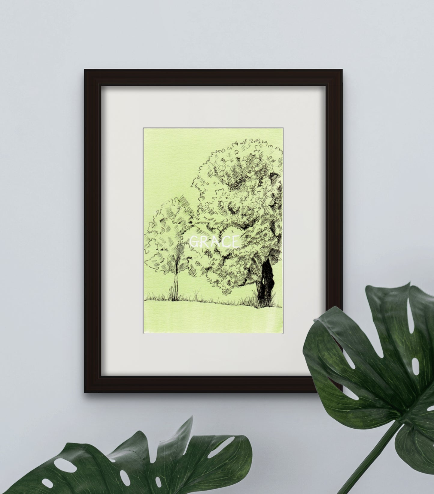 Image: Line drawing with watercolour giclée art print with black frame and cream colour mat of a peaceful, green nook at Parque da Cidade do Porto (Porto City Park).