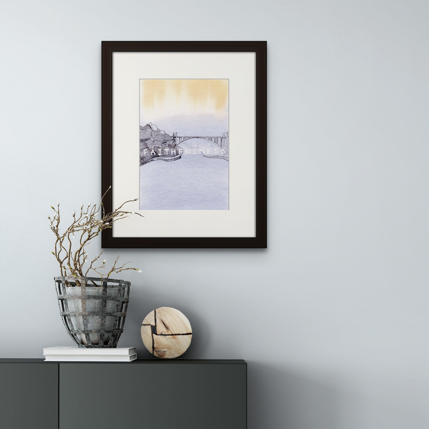 Image: Line drawing giclée art print with black frame and cream colour mat of Ponte da Arrábida (Arrábida Bridge) seen from Vila Nova de Gaia, Porto.