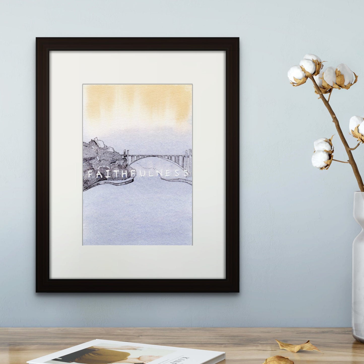 Image: Line drawing giclée art print with black frame and cream colour mat of Ponte da Arrábida (Arrábida Bridge) seen from Vila Nova de Gaia, Porto.