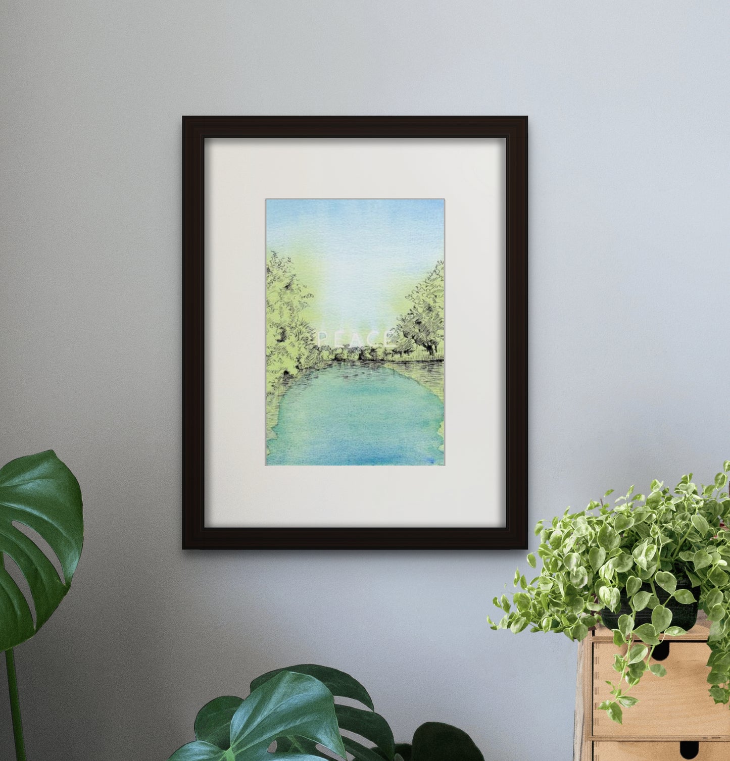 Image: Line drawing with watercolour giclée art print with black frame and cream colour mat of Parque da Cidade do Porto (Porto City Park)