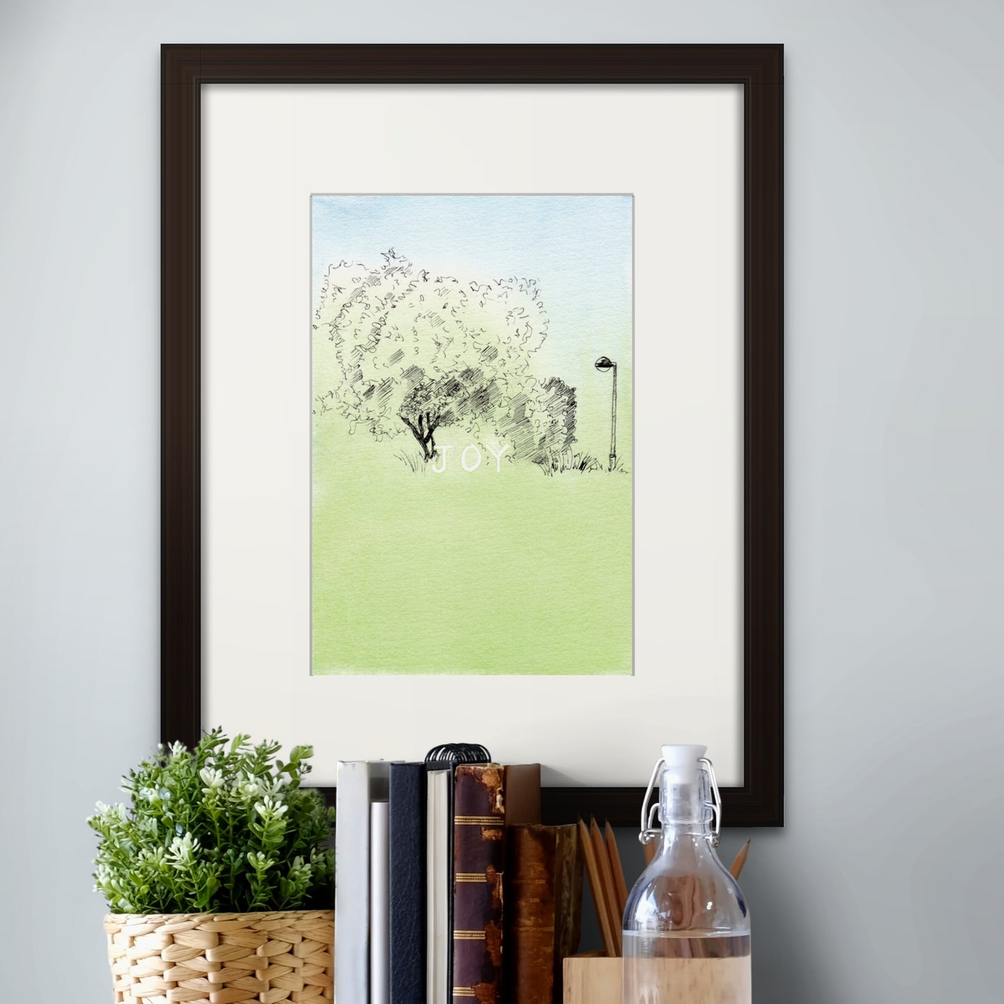 Image: Line drawing with watercolour giclée art print with black frame and cream colour mat of a peaceful, green nook at Parque da Cidade do Porto (Porto City Park).