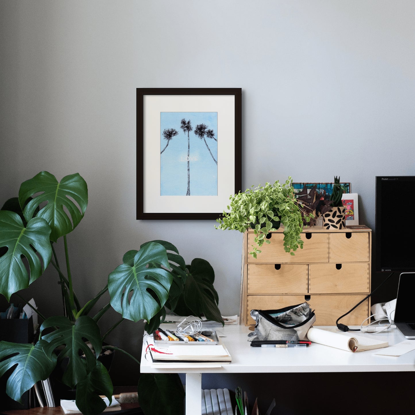 Image: Line drawing with watercolour giclée art print with black frame and cream colour mat of lanky trees in Jardins do Palácio de Cristal (Crystal Palace Garden) with a summer vibe. Set within the sceneries of Porto.