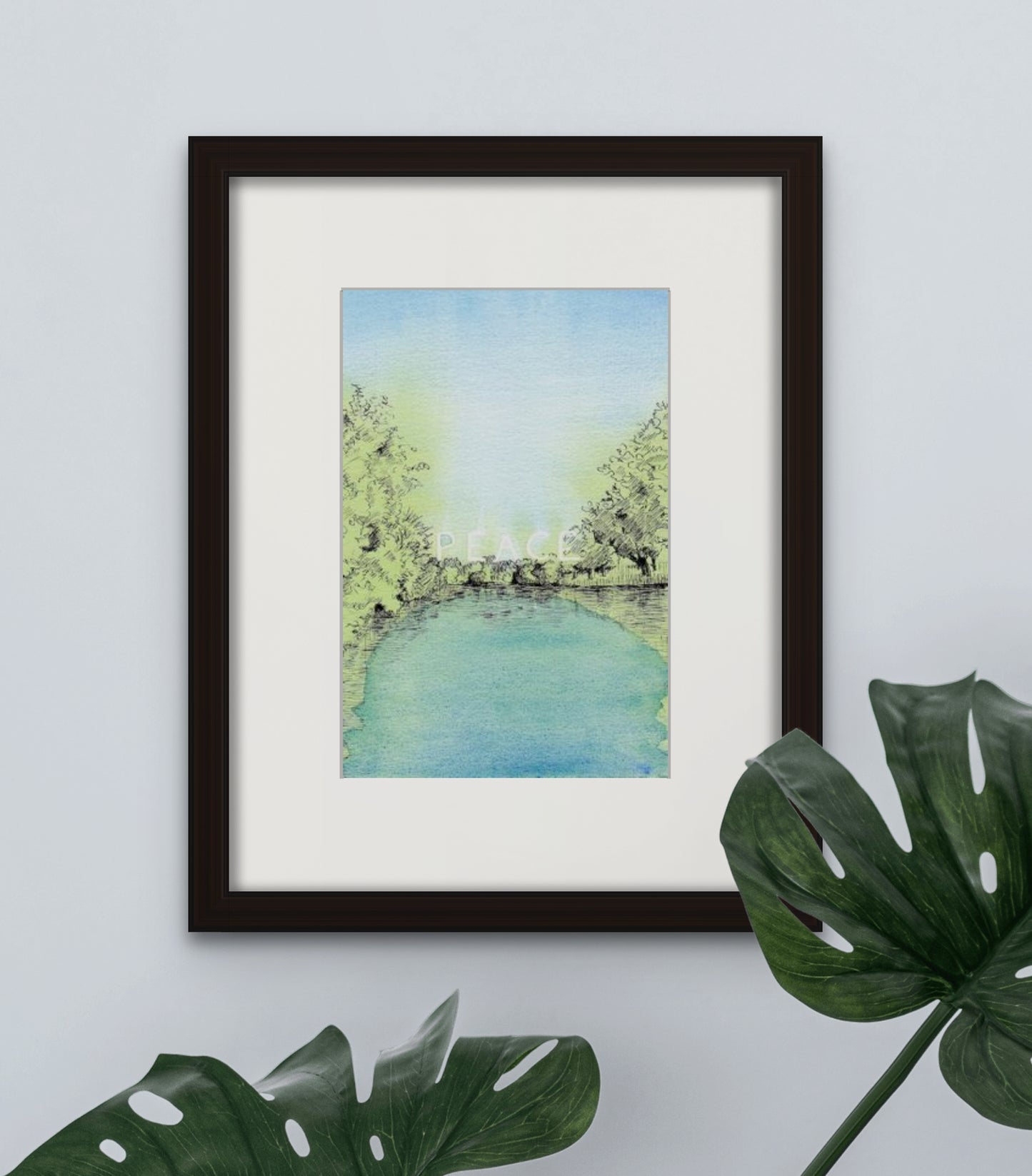 Image: Line drawing with watercolour giclée art print with black frame and cream colour mat of Parque da Cidade do Porto (Porto City Park)