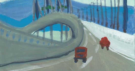 painting of Penang Second Bridge with curvy road, blue sky and orange cars