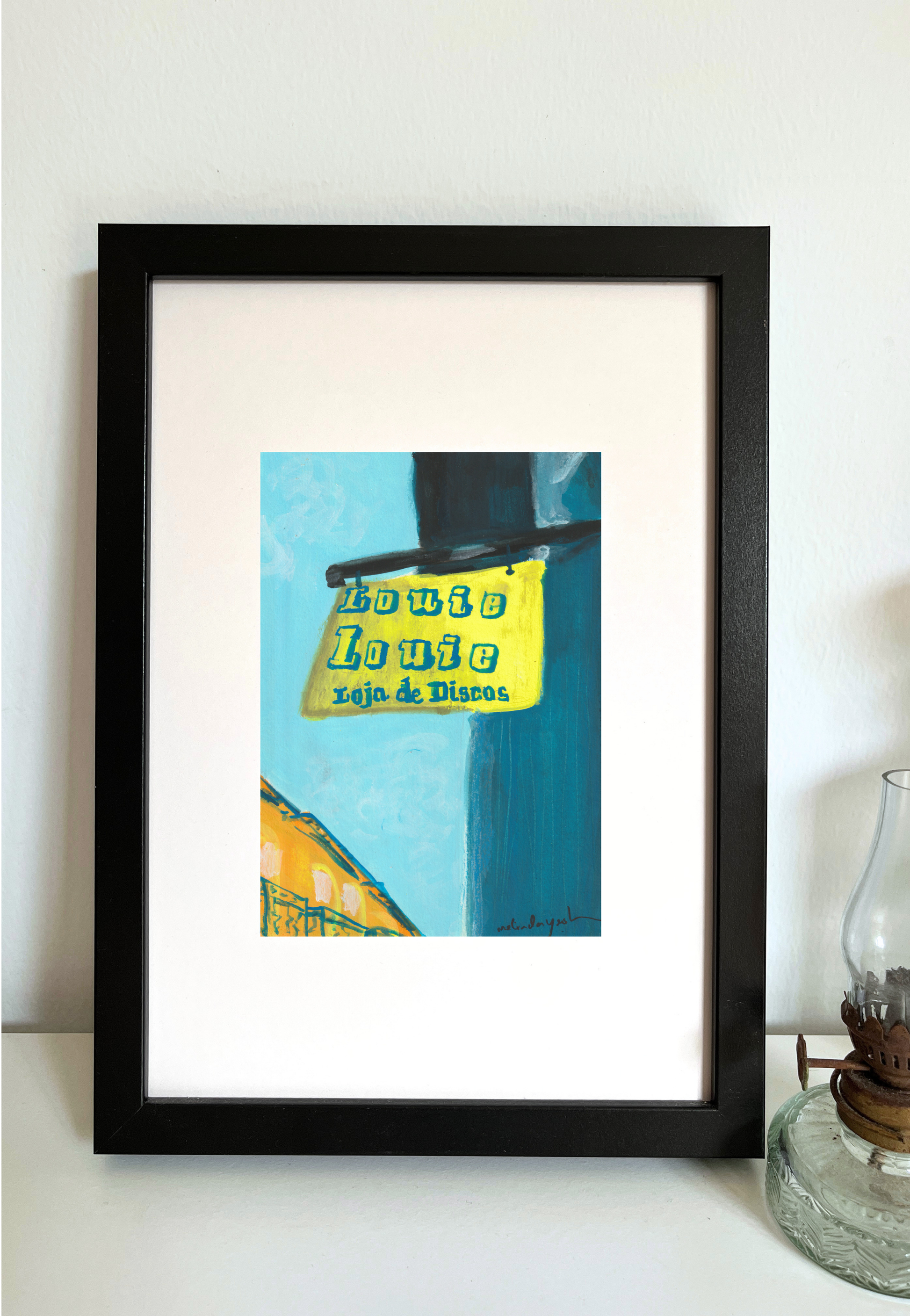 Framed painting of yellow store signage with blue text 'Louie Louie Loja de Discos' in Porto