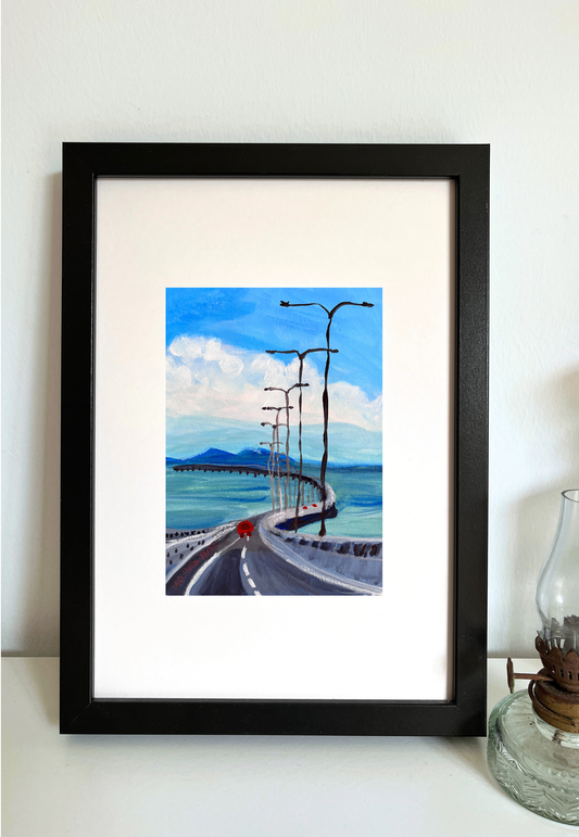 Framed artwork of Penang Second Bridge with hills and blue sky in the background