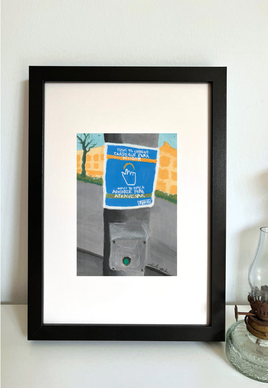 Framed painting of pedestrian crossing sign in Porto with a street background