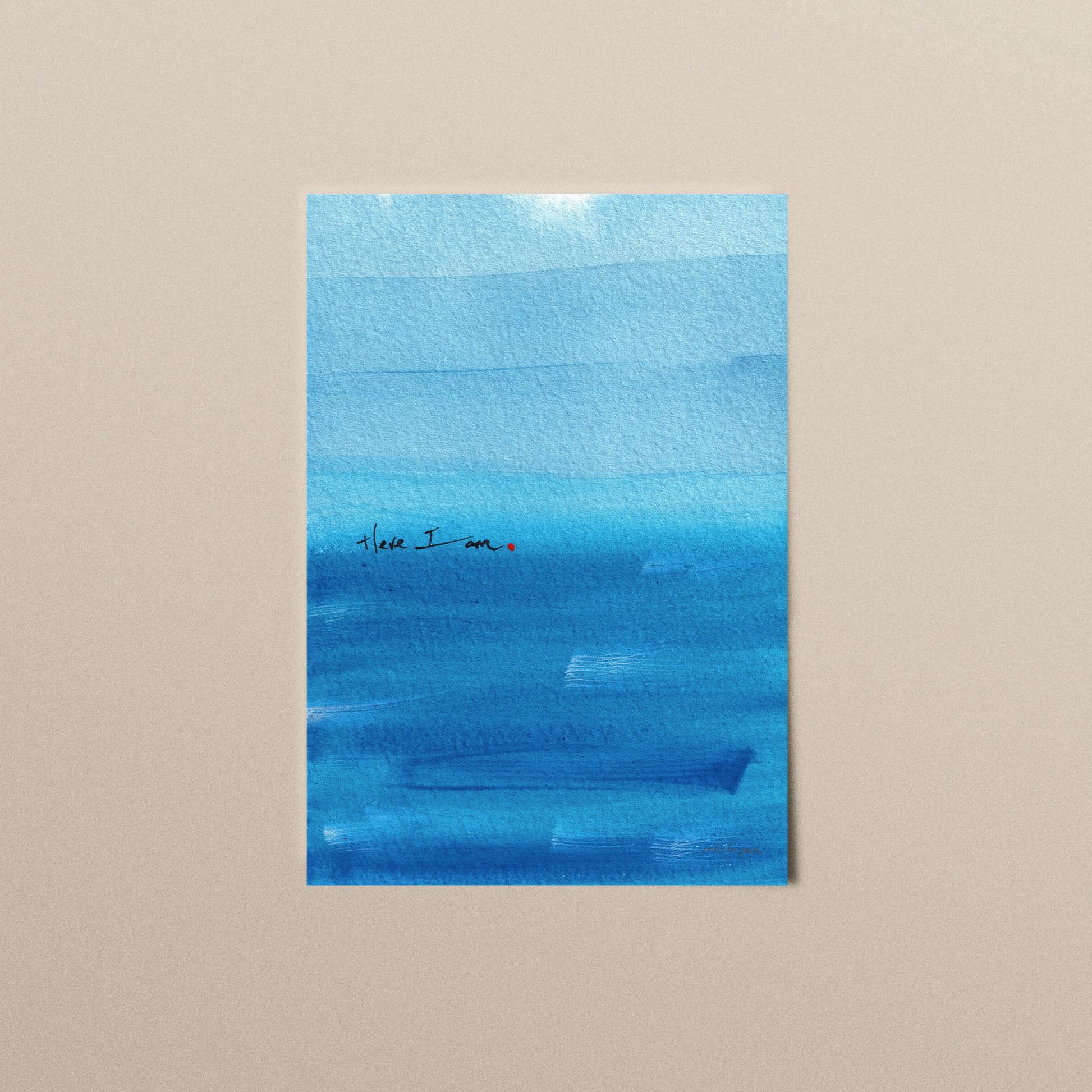 Abstract painting in blue with expressive brushstrokes and handwritten word Here I Am with a dot of red paint, spiritual modern art print.