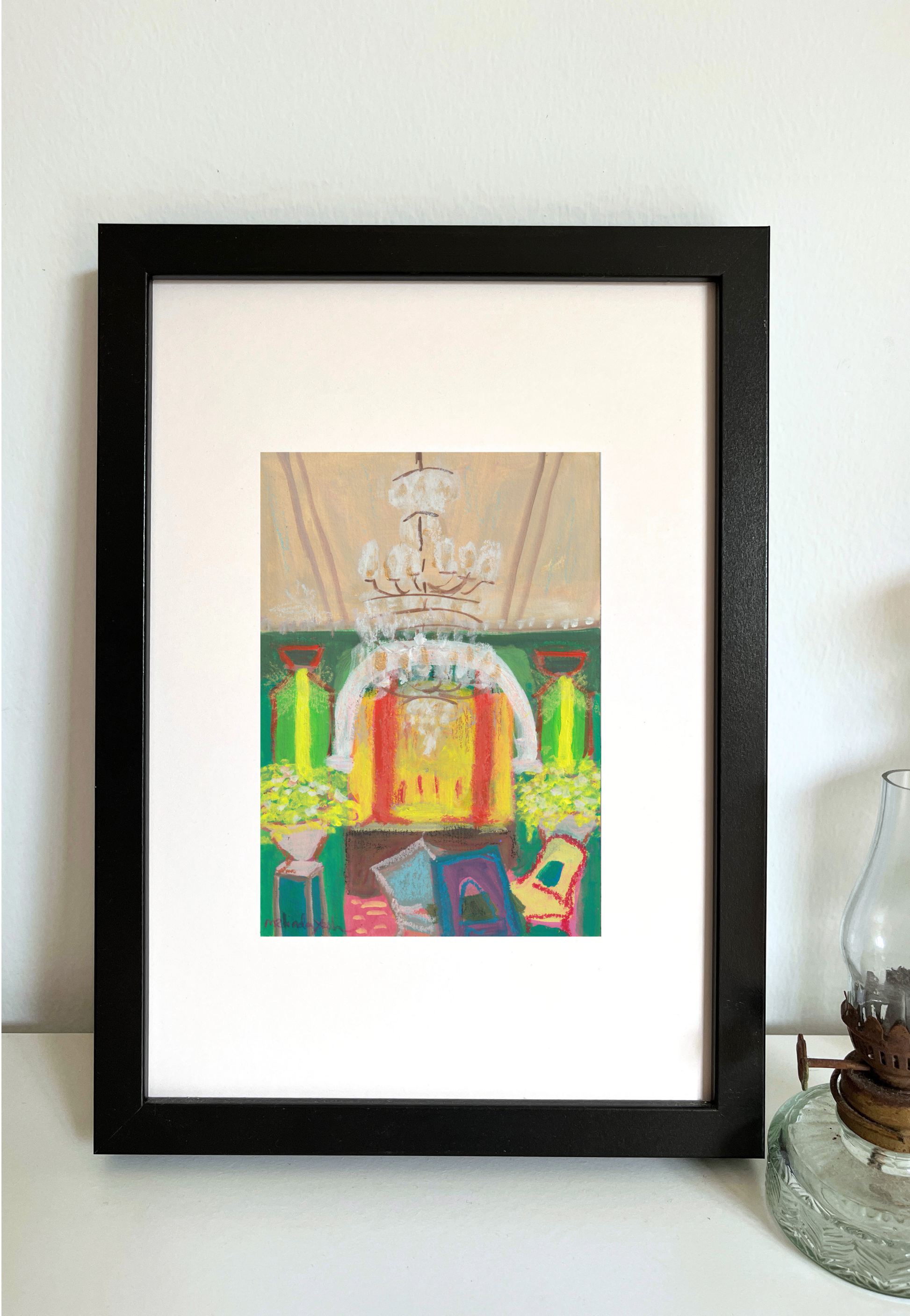 Framed colourful painting of 32 Mansion Penang interior with a chandelier 