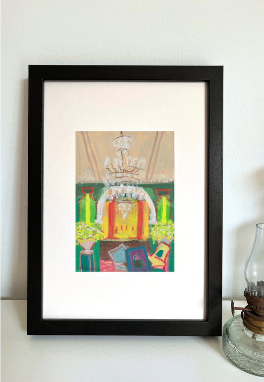 Framed colourful painting of 32 Mansion Penang interior with a chandelier 