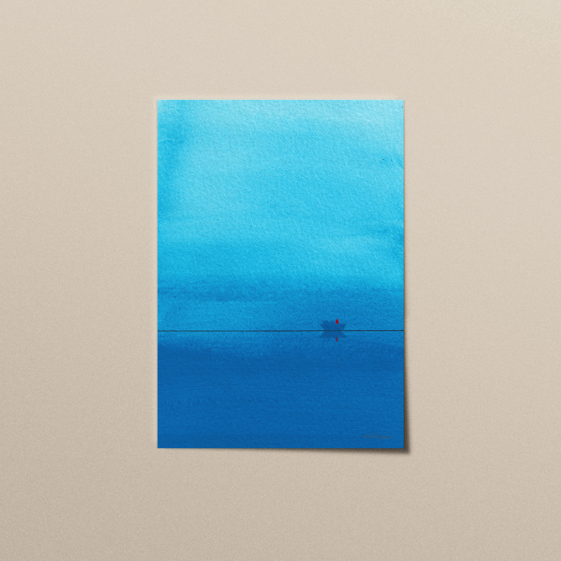 Blue abstract art print with an abstract boat and a red mark on thin black lines.