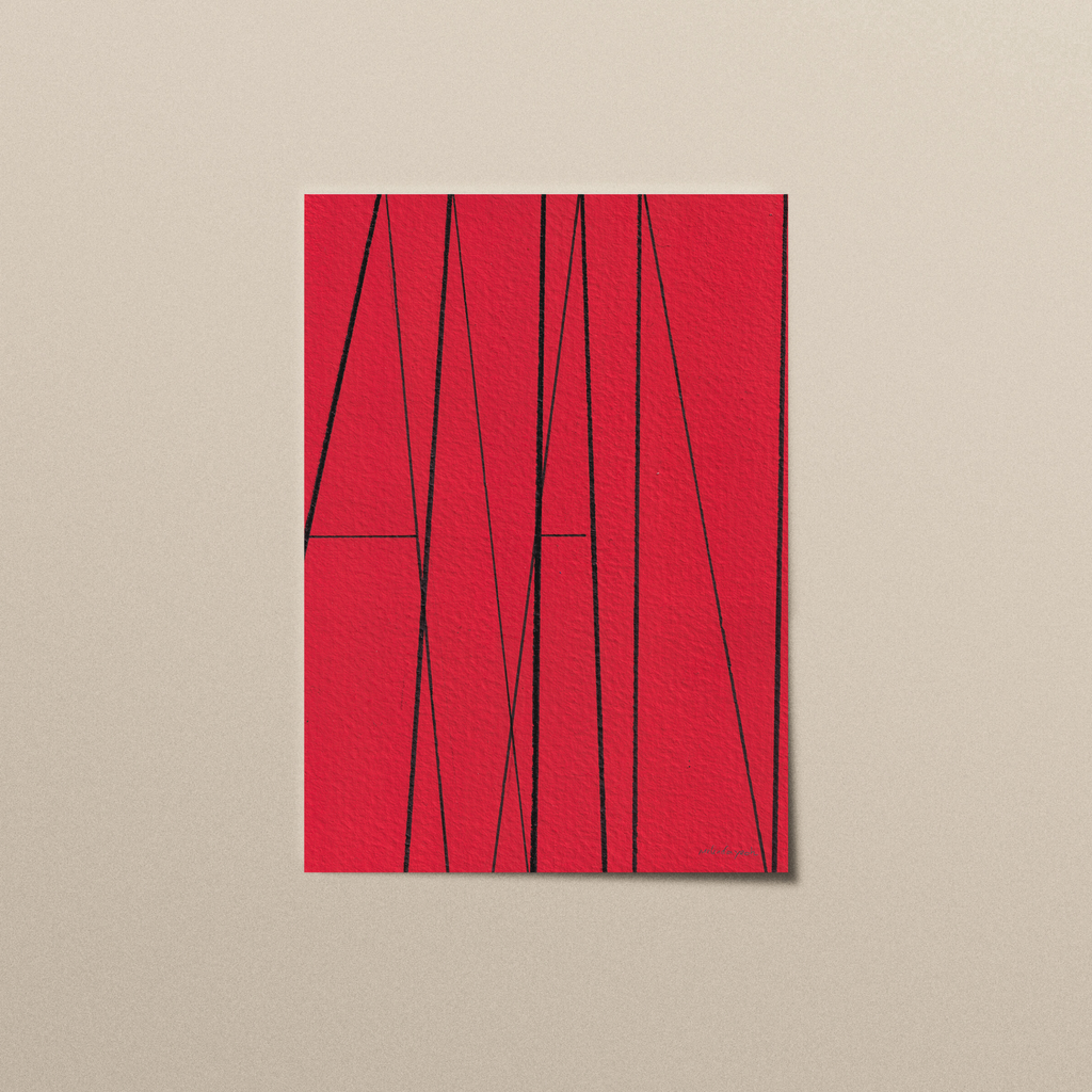 Red abstract art print with the word ‘AMEN’ formed by thin black lines on matt paper.