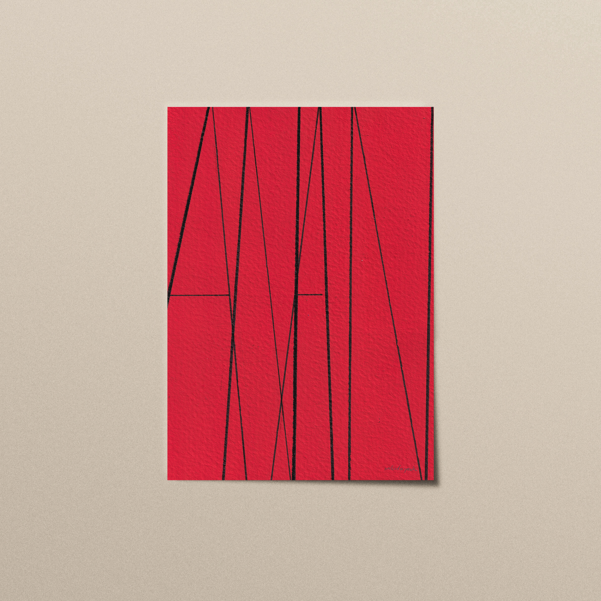 Red abstract art print with the word ‘AMEN’ formed by thin black lines on matt paper.