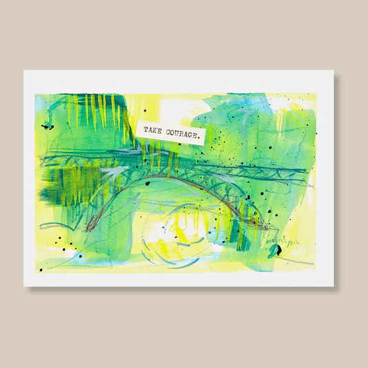 Abstract art painting with green and blue colors and a typewritten encouraging phrase Take Courage on a beige background