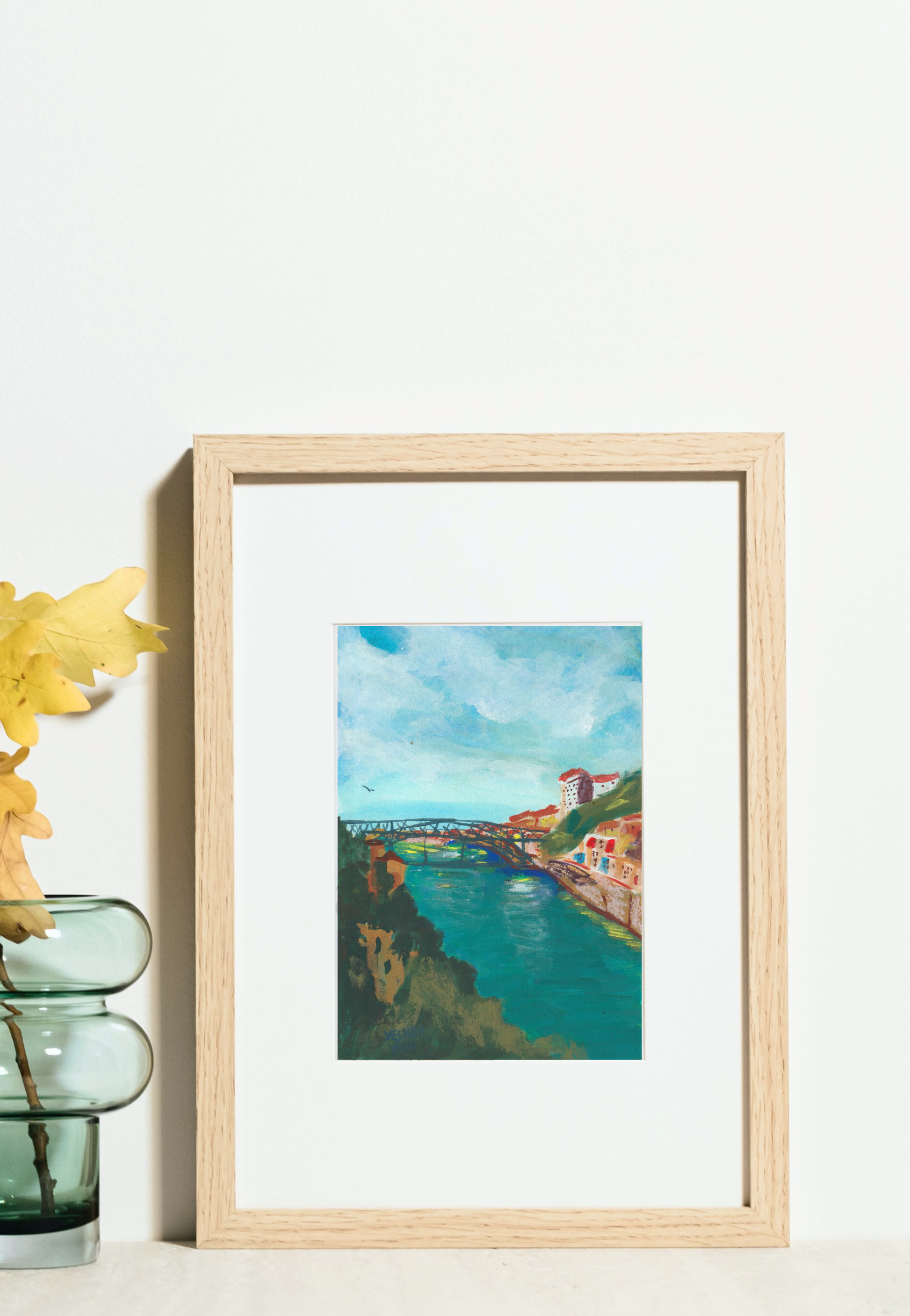 Framed painting of Douro river scene with Porto historical houses and Dom Luís I Bridge (Ponte de Dom Luís I) under a blue sky viewed from Gaia.