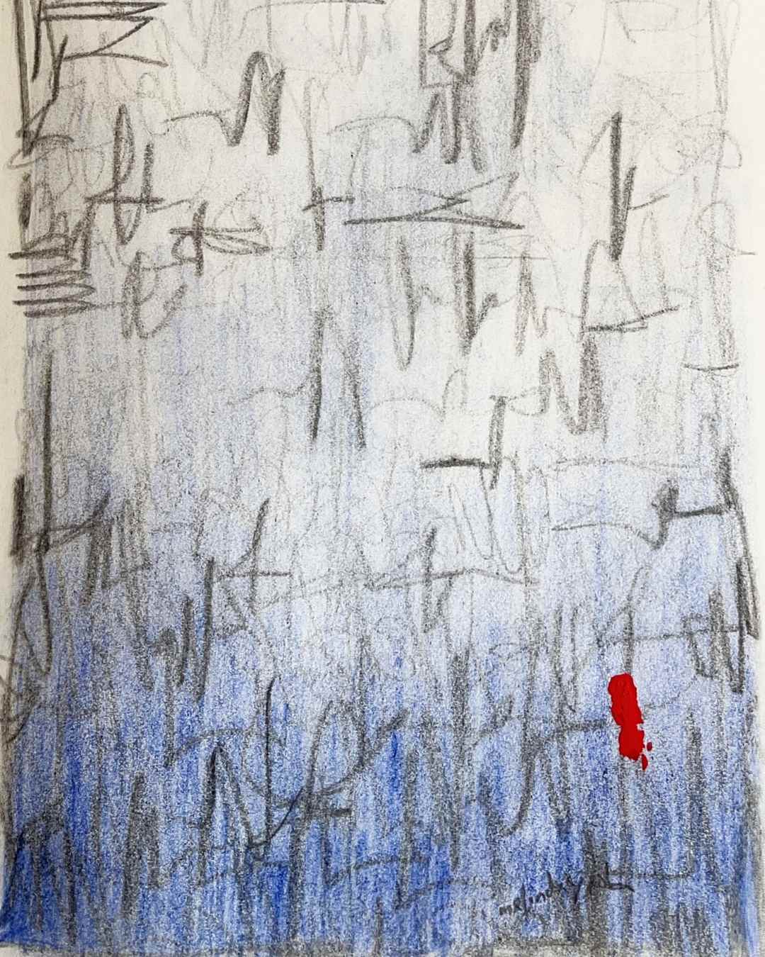 Intuitive abstract artwork with black and blue pencil lines on paper by Melinda Yeoh art