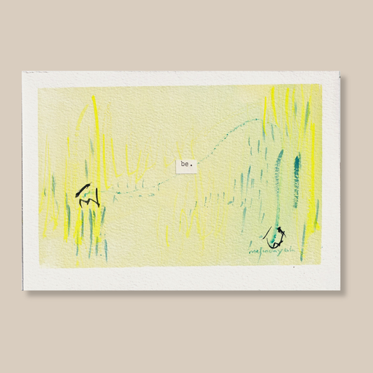Abstract mixed media painting with typewritten text 'be' on a beige background